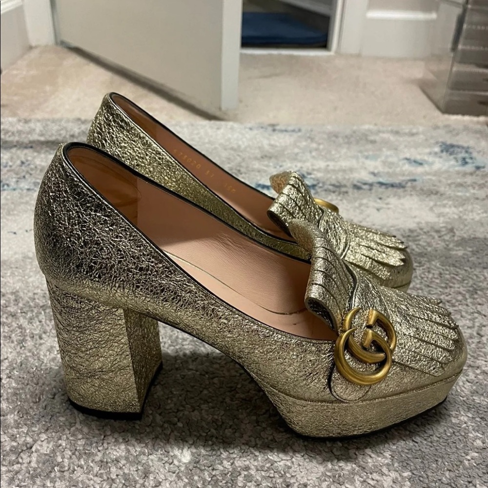 Gold Gucci Marmont Platform Loafers